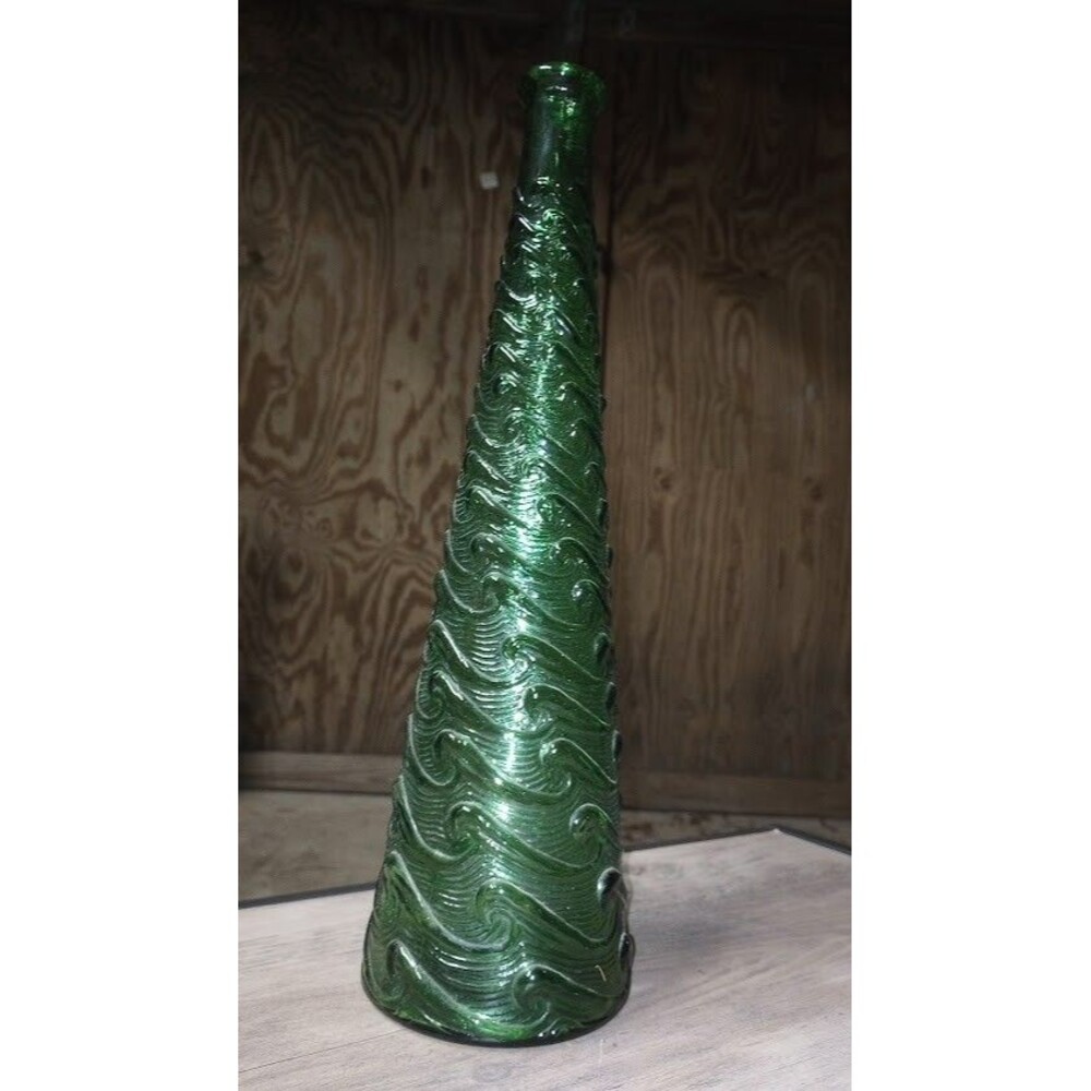 VINTAGE Empoli Glass Genie Bottle GREEN Wave Vase Italy 15.5” MCM